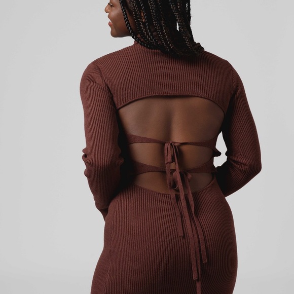 Brown Knit Open Back Long Sleeve Mini Dress SzS - Picture 1 of 6